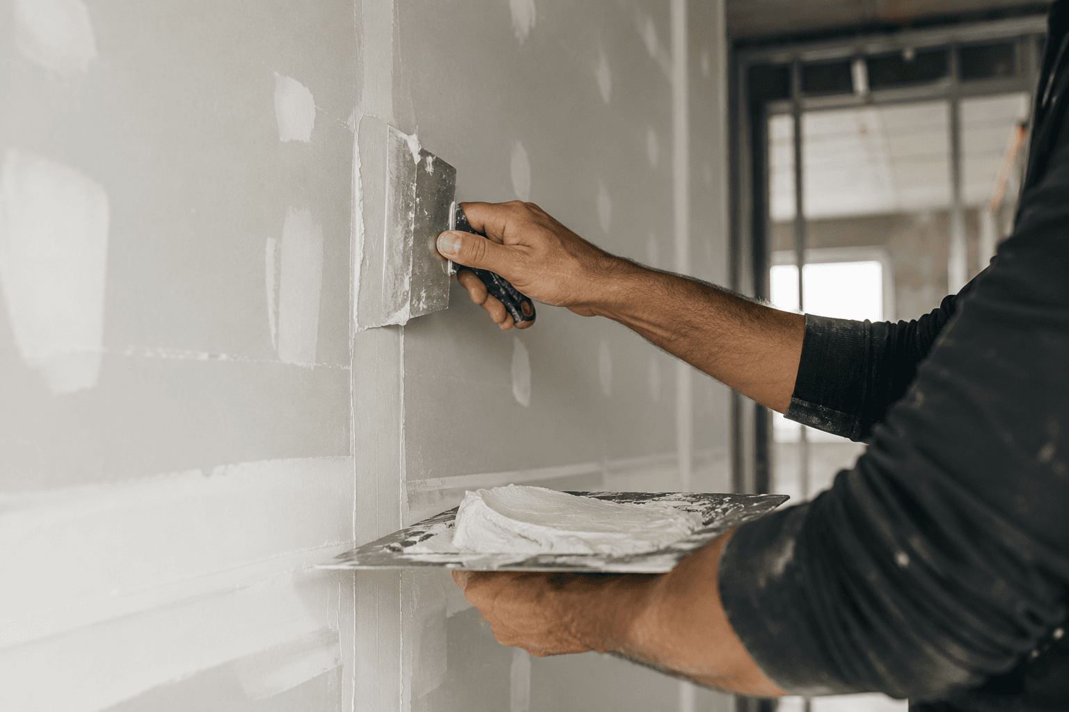 Instalador rematando una pared de pladur con espátula